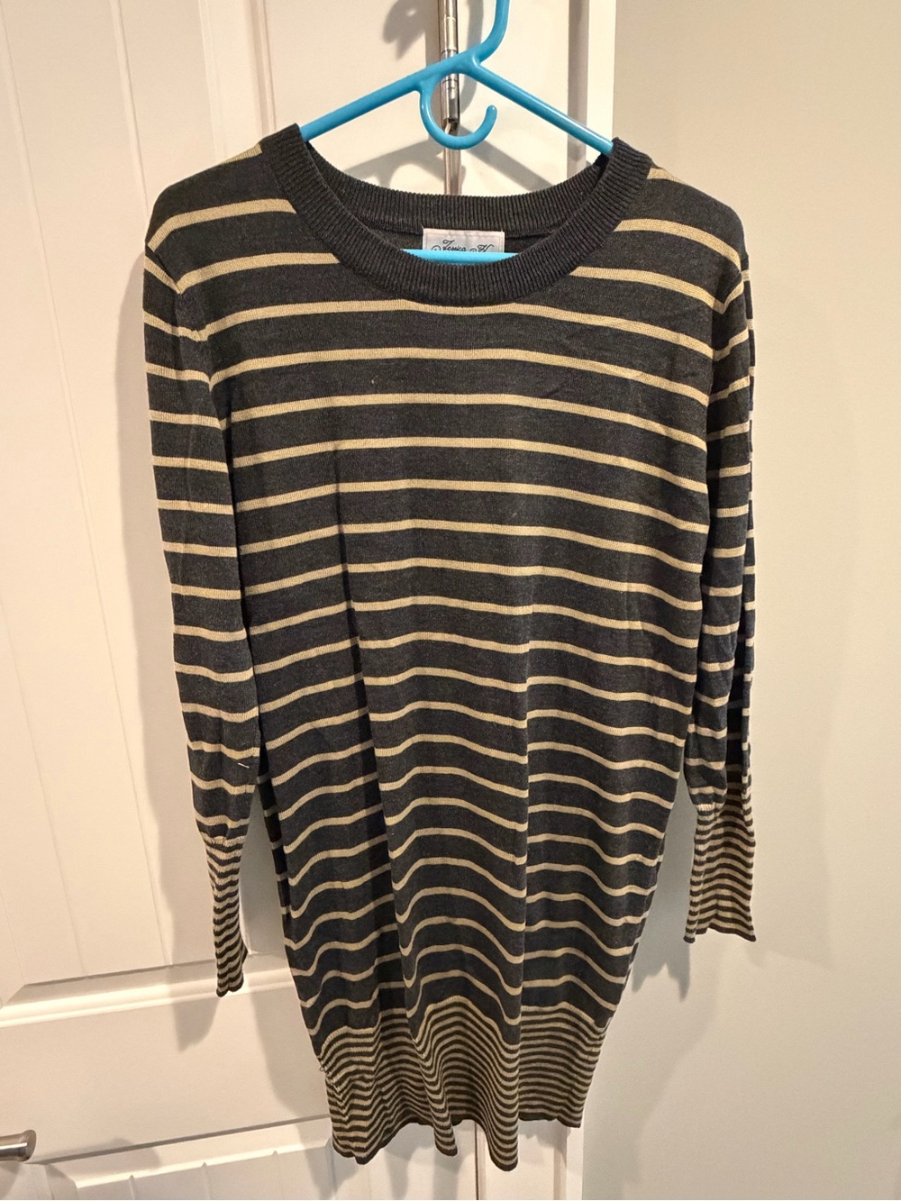 Jessica Gray and Tan Striped Crewneck Sweater